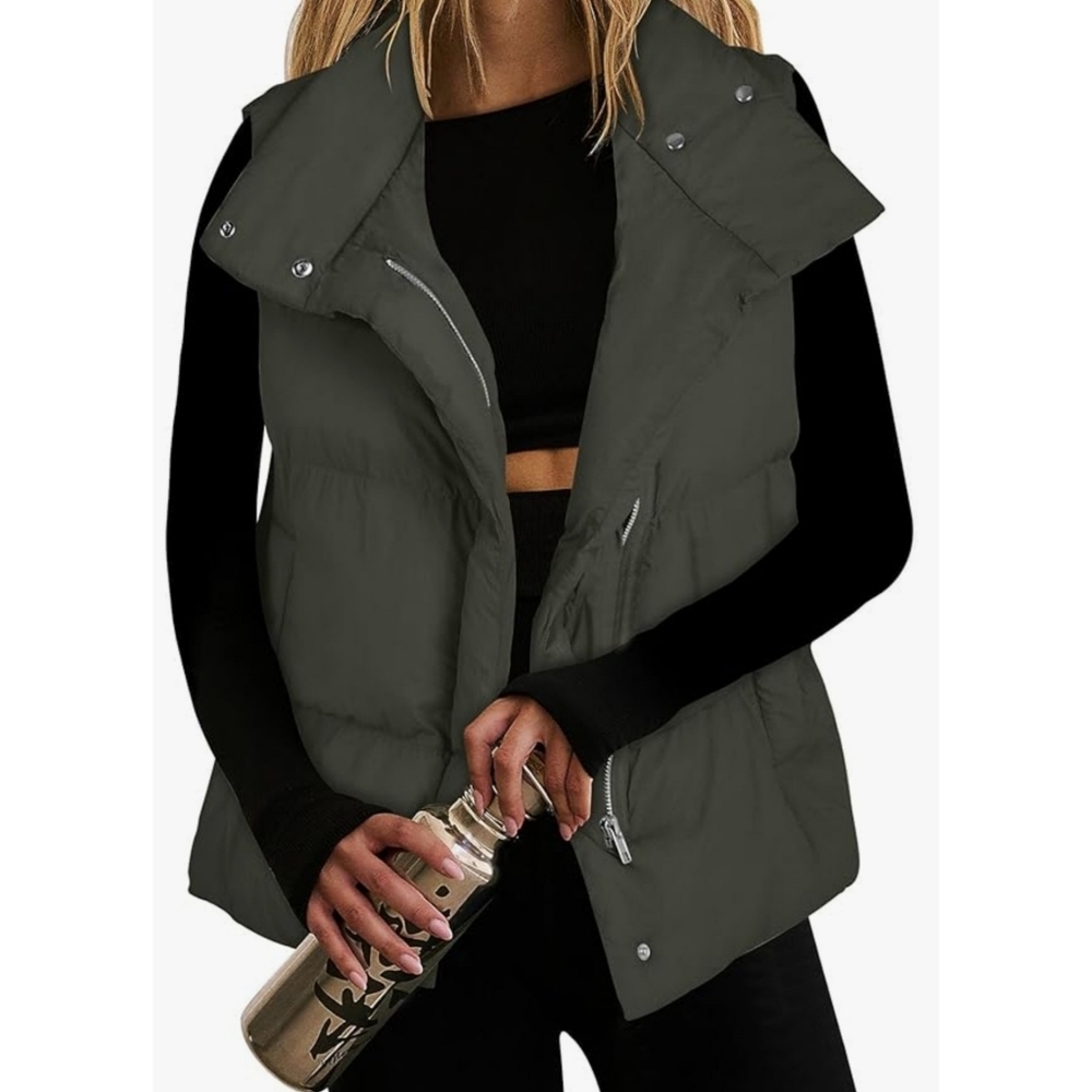 Zip Up Stand Collar Puffy Vest Olive Green Size M